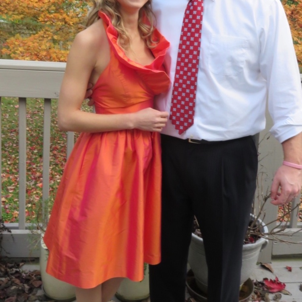 Lula Kate ruffled collar orange cocktail dress